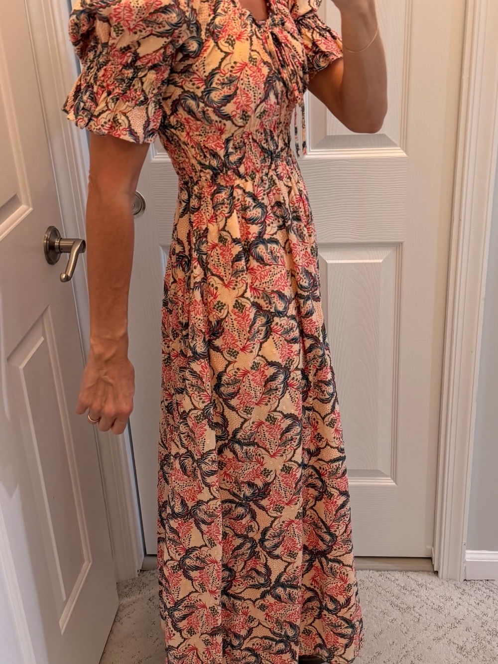 Chelsea28 Peach and Navy Floral Puff-Sleeve Maxi Dress